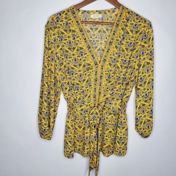 Max Studio Womens Tie Front Blouse Size L Yellow Floral Smocked Back 3/4 Sleeve - Picture 1 of 10